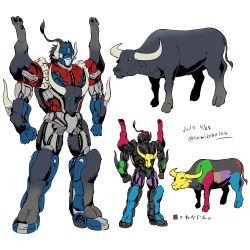 1boy artist_name autobot beast_wars blue_eyes buffalo full_body headgear horns kamizono_(spookyhouse) machine machinery male_focus mecha no_humans optimus_prime personification redesign robot solo tail transformers twitter_username