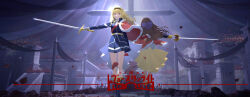 2girls absurdres arms_up battlefield black_headband blonde_hair blue_footwear brown_hair couple cross gold_belt headband highres holding holding_sword holding_weapon military_uniform multiple_girls petals pleated_skirt purple_ribbon red_eyes red_sash ribbon rose_petals saijou_claudine sash serious shoujo_kageki_revue_starlight shoujo_kageki_revue_starlight_-re_live- skirt stairs sword tendou_maya weapon