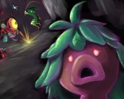 1boy battle bug creature deku_scrub fairy fighting flying gohma green_shirt green_tunic hat leaf link looking_at_viewer male_focus monster navi nintendo parted_lips plant red_eyes shirt spider stick the_legend_of_zelda the_legend_of_zelda:_ocarina_of_time tunic yoruniyoruyoshi