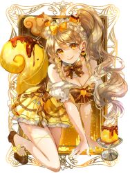 1girl blonde_hair blush bow bowtie breasts cake cleavage closed_mouth dress food hair_between_eyes hair_bow hair_bun hair_ornament headdress highres large_breasts long_hair looking_at_viewer mira_hidume original ponytail short_dress side_ponytail smile solo squirrel squirrel_girl squirrel_tail syrup tail tray very_long_hair yellow_eyes