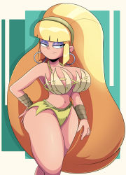 Rule 34 | 1girl, absurdres, aged up, amazon warrior, arm behind back, ass, bare arms, bare legs, bare shoulders, bikini, blonde hair, blunt bangs, breasts, cleavage, closed mouth, commentary, commission, covering breasts, covering privates, cowboy shot, curvy, earrings, english commentary, eyeshadow, facing viewer, feet out of frame, frown, gravity falls, hair ornament, hand on own hip, high ponytail, highleg, highres, hoop earrings, jewelry, large breasts, long hair, looking at viewer, looking to the side, makeup, navel, pacifica northwest, ponytail, purple eyeshadow, shaded face, shadow, shiny skin, sidelocks, simple background, solo, sonson-sensei, standing, swimsuit, thick thighs, thighs, tsundere, very long hair, wide hips
