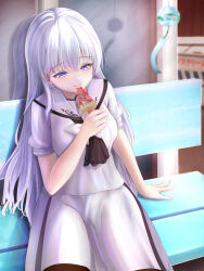 Rule 34 | 1girl, :t, absurdres, arm at side, ascot, black ascot, blue eyes, blush, bright pupils, closed mouth, commentary, cowboy shot, day, eating, eyelashes, food, hair behind ear, hair between eyes, hand up, happy, highres, holding, holding food, holding popsicle, long hair, looking at food, looking down, naruse shiroha, on bench, outdoors, pantyhose, popsicle, reflection, sailor collar, school uniform, serafuku, shirt, short sleeves, sitting, skirt, smile, solo, straight hair, summer pockets, summer pockets school uniform, tsurime, user ghvk5433, very long hair, watermelon bar, white hair, white pupils, white sailor collar, white serafuku, white shirt, white skirt