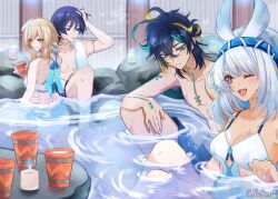 Rule 34 | 2boys, 2girls, antenna hair, arm on knee, bad anatomy, bad hands, bikini, bikini skirt, black eyes, black hair, black shorts, blonde hair, blue hairband, blue nails, blue skirt, blunt ends, body markings, breasts, bright pupils, brown eyes, candle, candlelight, cleavage, closed mouth, clothing cutout, collarbone, colored inner hair, couple, crossed bangs, cup, dark-skinned female, dark skin, eyeliner, eyeshadow, feather hair ornament, feathers, fish-shaped pupils, flower, fringe trim, genshin impact, green hair, hair flower, hair ornament, hairband, hand in own hair, hand up, hawaiian clothes, hetero, highres, holding, holding cup, kinich (genshin impact), kinich (hot springs) (genshin impact), light blush, looking at another, looking at viewer, looking back, looking to the side, lumine (genshin impact), lumine (hot springs) (genshin impact), makeup, male swimwear, median furrow, medium breasts, mualani (genshin impact), mualani (hot springs) (genshin impact), multicolored hair, multicolored nails, multiple boys, multiple girls, nicbuns, one-piece swimsuit, one eye closed, onsen, open mouth, parted bangs, pectorals, purple hair, red eyeliner, red eyeshadow, ripples, scaramouche (genshin impact), seiza, short hair, short hair with long locks, shorts, sidelocks, sitting, skirt, smile, stomach cutout, streaked hair, swept bangs, swim trunks, swimsuit, teeth, tongue, tongue out, topless female, tsurime, twitter username, upper teeth only, wading, wanderer (genshin impact), wet, white bikini, white feathers, white flower, white hair, white pupils, wispy bangs, yellow eyes, yellow nails