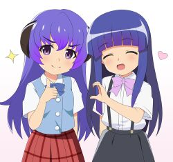 &gt;:) 2girls :d ^_^ blue_bow blue_hair blue_vest blush bow closed_eyes closed_mouth collared_shirt commentary_request dress_shirt facing_viewer furude_rika gaou_(babel) gradient_background grey_skirt hair_between_eyes hanyuu heart heart_hands_failure higurashi_no_naku_koro_ni horns long_hair looking_at_viewer multiple_girls open_mouth pink_background pink_bow plaid_clothes plaid_skirt pleated_skirt purple_eyes purple_hair red_skirt school_uniform shirt skirt smile sparkle suspender_skirt suspenders v-shaped_eyebrows very_long_hair vest white_background white_shirt