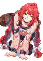 1girl ahoge all_fours animal_on_back black_choker black_sailor_collar black_skirt blunt_bangs blush bow bowtie braid cardigan chest_bow choker green_eyes grin highres lhofi long_hair long_sleeves looking_at_viewer open_mouth pink_cardigan pleated_skirt raccoon red_hair sailor_collar simple_background single_thighhigh skirt smile solo sphere_hair_ornament striped_clothes striped_thighhighs teeth thigh_strap thighhighs twintails ukinami_yuzuha white_background white_bow white_bowtie zenless_zone_zero