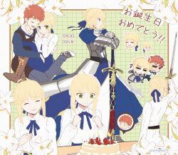 Rule 34 | 1boy, 1girl, armor, artist name, artoria pendragon (fate), blonde hair, blouse, blue bow, blue skirt, boots, bow, breastplate, bun with braided base, cake, caliburn (fate), candle, carrying, chibi, closed eyes, dated, emiya shirou, fate/stay night, fate (series), flower, food, fruit, gauntlets, green eyes, highres, holding, holding sword, holding weapon, lace-up boots, leather, leather boots, open mouth, orange hair, planted, planted sword, planted weapon, princess carry, raglan sleeves, saber (fate), seraphu00, shirt, skirt, smile, strawberry, strawberry cake, sword, weapon, white shirt