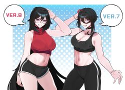 2girls black_choker black_hair black_sports_bra blue_eyes breasts choker cleavage commentary contrapposto crop_top dolphin_shorts dual_persona english_commentary extra_eyes grin halftone halftone_background highres kimouji large_breasts long_hair midriff multicolored_hair multiple_girls navel original red_hair short_hair_with_long_locks short_shorts shorts sleeveless sleeveless_turtleneck smile sports_bra streaked_hair third_eye_on_chest turtleneck two-tone_hair very_long_hair