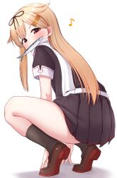 1girl absurdres ass black_serafuku black_shirt black_skirt black_socks blonde_hair feral_instincts fish hair_flaps hair_ornament hairclip highres kantai_collection long_hair mouth_hold red_eyes school_uniform serafuku shirt simple_background skirt socks solo squatting tiemu_(man190) white_background white_skirt yuudachi_(kancolle) yuudachi_kai_ni_(kancolle)