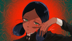 1girl black_hair bleeding blood bloody_tears closed_mouth commentary_request dark-skinned_female dark_skin double_bun eyelashes green_eyes gundam gundam_gquuuuuux hair_bun lalah_sune looking_at_viewer red_background saltyacurry solo