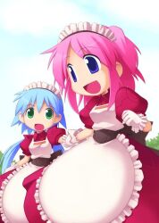 Rule 34 | 2girls, :d, apron, blue hair, blue sky, breasts, brown sash, chibi, chibi only, cloud, cowboy shot, dorothy (ragnarok online), dress, frilled apron, frills, full body, gloves, green eyes, kafra uniform, key visual, long hair, low twintails, maid, maid headdress, medium breasts, medium hair, multiple girls, official art, open mouth, outdoors, pink hair, promotional art, puffy short sleeves, puffy sleeves, purple eyes, ragnarok online, ragnarok online kafra quest, red dress, riria (ragnarok online), short sleeves, sky, smile, third-party source, twintails, two side up, white apron, white gloves, yuichirou