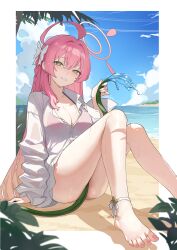 1girl absurdres ahoge bare_legs barefoot bikini bikini_under_clothes blue_archive blush bow braid breasts cleavage green_eyes hair_between_eyes hair_bow halo hanako_(blue_archive) hanako_(swimsuit)_(blue_archive) highres holding holding_hose hose large_breasts liago long_hair looking_at_viewer ocean parted_lips pink_bikini pink_halo pink_nails shirt single_braid smile solo swimsuit wet wet_clothes wet_shirt white_bow white_shirt