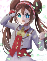 1girl :d aoneko4ao_(edwf7745) blue_eyes bright_pupils brown_hair collared_shirt commentary double_bun falling_leaves glint grey_jacket grey_skirt hair_bun hairband hands_up highres holding holding_poke_ball jacket leaf long_hair long_sleeves nintendo official_alternate_costume open_clothes open_jacket open_mouth poke_ball poke_ball_(basic) pokemon pokemon_masters_ex red_vest rosa_(academy)_(pokemon) rosa_(pokemon) shirt skirt smile solo symbol-only_commentary twintails vest white_pupils white_shirt