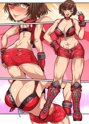 1girl absurdres bikini blush boots breasts brown_eyes brown_hair choker cleavage highres hinomoto_reiko knee_boots large_breasts mole mole_on_breast multiple_views muscular muscular_female one_eye_closed panties red_bikini red_choker red_shorts rumble_roses shorts sweat swimsuit swordsealocust underwear unzipped white_panties wrestling_outfit