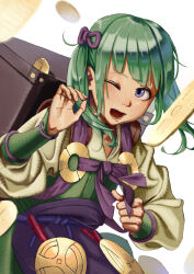 1girl absurdres fire_emblem fire_emblem_fates green_hair highres japanese_clothes looking_at_viewer midori_(fire_emblem) nintendo open_mouth purple_eyes shoko_(pixiv_74769700) short_twintails smile solo twintails upper_body