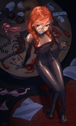 Rule 34 | 1girl, anal beads, anal tail, black bodysuit, black eyes, black leotard, bodysuit, boots, bra, braid, breasts, bright pupils, butt plug, carpet, commentary, commission, condom, condom wrapper, dark, dominatrix, english commentary, eyelashes, eyes visible through hair, fake tail, full body, glasses, grey boots, hair between eyes, hair over shoulder, hands on table, highres, indoors, lace-up boots, latex, latex bodysuit, leotard, long hair, looking at viewer, medium breasts, nail polish, on table, orange hair, original, panties, parted lips, pink bra, pink panties, platform boots, red nails, round eyewear, sex toy, shadow, sitting, smirk, solo, strapless, strapless leotard, swept bangs, table, tail, teeth, twin braids, underwear, unworn bra, unworn panties, vibrator, white pupils, wikate