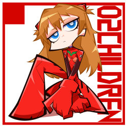 1girl :/ absurdres blue_eyes bodysuit commentary english_text full_body highres interface_headset_(evangelion) long_hair looking_at_viewer mecha_pilot_suit neon_genesis_evangelion okitya orange_hair panty_&amp;_stocking_with_garterbelt_(style) parody plugsuit_(evangelion) red_bodysuit solo souryuu_asuka_langley style_parody