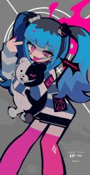 1girl amemiya_darumi bear_hair_ornament black_hair blue_hair danganronpa_(series) eyelashes fingernails grey_background hair_ornament highres looking_at_viewer makeup monokuma multicolored_hair nail_polish pink_eyes pink_nails pink_thighhighs shirt simple_background striped_clothes striped_shirt the_hundred_line_-last_defense_academy- thighhighs tongue tongue_out twintails wakamoid