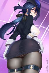 Rule 34 | 1girl, ass, ass focus, blue hair, blush, breasts, cameltoe, clorinde (genshin impact), from behind, from below, genshin impact, gloves, hat, highres, huge ass, katzueki, large breasts, long hair, looking at viewer, looking back, low ponytail, panties, panties under pantyhose, pantyhose, pencil skirt, ponytail, sideboob, skirt, skirt hold, solo, thick thighs, thigh strap, thighs, underwear, very long hair
