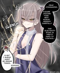 1girl absurdres bare_shoulders black_nails blurry blurry_background breasts cleavage clenched_hand collarbone commander_(girls&#039;_frontline) commentary dress electricity english_commentary english_text evening_gown false_smile flat_chest girls&#039;_frontline girls&#039;_frontline_2:_exilium gloom_(expression) grin hair_ribbon highres leva_(girls&#039;_frontline_2) long_hair nail_polish narrowed_eyes one_side_up purple_dress purple_ribbon ribbon scar scar_across_eye scar_on_face sleeveless sleeveless_dress smart_oval smile solo speech_bubble teeth twitter_username ump45_(diamond_flower)_(girls&#039;_frontline) ump45_(girls&#039;_frontline) upper_body very_long_hair yellow_eyes