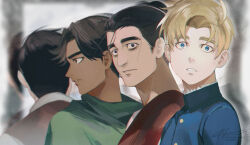 Rule 34 | 1girl, 3boys, albert brudzewski (chi.), bags under eyes, black eyes, black hair, blonde hair, blue eyes, blue jacket, brown vest, chi.: chikyuu no undou ni tsuite, dark-skinned female, dark skin, draka (chi.), from behind, gold buttons, green scarf, hair pulled back, jacket, looking at viewer, male focus, multiple boys, oczy, paruteko, profile, rafal (chi.), red vest, scarf, shirt, signature, vest, white shirt