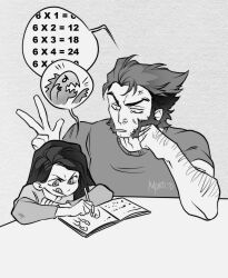 1boy 1girl artist_name book child facial_hair father_and_daughter highres laura_kinney marvel monochrome morti_td signature sketch spiked_hair studying wolverine_(x-men) x-23 x-men