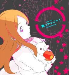 Rule 34 | 1girl, apple, commentary request, copyright name, dress, food, from above, from side, fruit, holding, holding stuffed toy, mawaru penguindrum, nakahara (mu tation), orange hair, purple eyes, solo, stuffed animal, stuffed penguin, stuffed toy, takakura himari, upper body