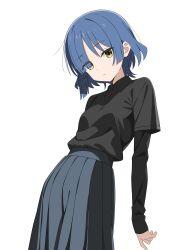 1girl :| absurdres anime_coloring asymmetrical_bangs asymmetrical_sidelocks black_shirt blue_hair blunt_bangs blunt_sidelocks bocchi_the_rock! breasts c-r-carlos chinese_commentary closed_mouth collared_shirt commentary_request expressionless eyes_visible_through_hair grey_skirt hair_ornament hair_over_one_eye hairclip head_tilt highres layered_sleeves leaning_back long_skirt long_sleeves looking_at_viewer pleated_skirt shirt shirt_tucked_in short_hair short_over_long_sleeves short_sleeves sidelocks simple_background skirt small_breasts solo white_background yamada_ryo yellow_eyes