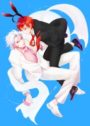 2boys facial_mark formal_clothes full_body grey_hair jacket male_focus multiple_boys naruto_(series) naruto_shippuuden necktie pants rabbit_ears red_eyes red_hair sasori_(naruto) senju_tobirama shoes short_hair vosovic