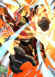 Rule 34 | aldamon, arm cannon, bakeneko38, blackseraphimon, blonde hair, blue eyes, broken glass, digimon, digimon frontier, fangs, fire, glass, highres, horns, long hair, reflection, weapon
