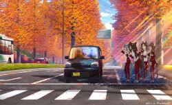 1boy 5girls =_= animal_ears arm_at_side breasts brown_hair bus car child crosswalk dated day domino_mask el_condor_pasa_(umamusume) elbow_rest grass_wonder_(umamusume) hair_ornament hairclip heel_up highres horse_ears horse_girl horse_tail jacket king_halo_(umamusume) long_hair long_sleeves looking_at_another mask motor_vehicle multiple_girls one_side_up open_mouth outdoors pants pointing pointing_at_self ponytail red_jacket red_pants road seiun_sky_(umamusume) shoes short_hair small_breasts smile sneakers standing sunlight tail takuzui track_suit tree twitter_username umamusume waving white_footwear
