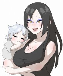 aged_down baby black_hair black_shirt blue_hair boruto:_naruto_next_generations breasts earrings eyeliner fangs furrowed_brow genderswap genderswap_(mtf) greek holding jewelry large_breasts long_hair makeup mitsuki_(naruto) mother_and_son naruto_(series) open_mouth orochimaru_(naruto) pale_skin shirt sleeping slit_pupils sucking_finger tank_top wavy_hair white_background yellow_eyes