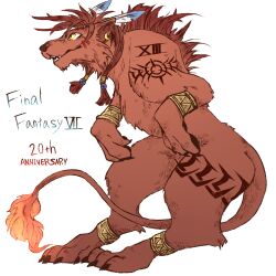 1boy anniversary bangle beads body_markings bracelet claws commentary_request dog_nose earrings english_text fangs feather_hair_ornament feathers final_fantasy final_fantasy_vii fire flame-tipped_tail furry furry_male hair_ornament jewelry looking_to_the_side male_focus mane open_mouth pawpads red_fur red_hair red_xiii single_earring tabby_(un-limited) yellow_eyes