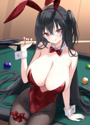 1girl :q absurdres animal_ear_hairband animal_ears azur_lane ball billiard_ball black_hair bow bowtie breasts catyu cleavage detached_collar fake_animal_ears hairband highres holding_cue_stick huge_breasts leotard long_hair pantyhose playboy_bunny pool_table rabbit_ear_hairband rabbit_ears red_bow red_bowtie red_eyes red_leotard red_nails sitting solo table taihou_(azur_lane) taihou_(fun_on_the_baize)_(azur_lane) tongue tongue_out very_long_hair wrist_cuffs