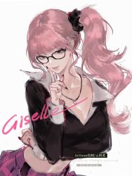 1girl aespa artist_name_(singer) blunt_bangs cowboy_shot crop_top giselle_(aespa) glasses hashtag-only_commentary highres jewelry k-pop looking_at_viewer necklace real_life side_ponytail sidelocks simple_background solo white_background zhanzhan_lan