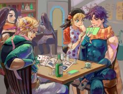 2girls 3boys ace_(playing_card) ace_of_spades apron bandana bar_(place) battle_tendency black_hair blonde_hair blue_eyes boots bottle caesar_anthonio_zeppeli card chair cigarette club_(shape) clubs cropped_jacket cropped_shirt crossed_legs diamonds diamonds_(playing_card) dress facial_mark feathers fingerless_gloves flower glass gloves green_eyes grin hakkyotyui headscarf headband heart hearts_(playing_card) husband_and_wife indoors jojo_no_kimyou_na_bouken joseph_joestar joseph_joestar_(young) lisa_lisa long_hair midriff mother_and_son multiple_boys multiple_girls pants playing_card poker polka_dot polka_dot_dress rose rudolph_von_stroheim scarf short_hair sitting sleeveless smile spade spade_(shape) spades stool straights straizo striped_clothes striped_scarf suzi_q table white_pants