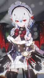 1girl animal_ears bare_shoulders blurry bow bowtie braid breasts brooch cat_ears cleavage closed_mouth cowboy_shot demon demon_girl detached_collar dress flower frills garter_straps grey_hair hair_between_eyes hairband highres jewelry long_hair looking_at_viewer medium_breasts off-shoulder_dress off_shoulder original red_bow red_eyes rose sheya sidelocks solo thighhighs vampire white_hair
