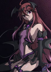 1girl absurdres ahoge aoi_tabane bare_shoulders black_gloves breasts corruption cosplay covered_navel dark_persona demon_girl demon_tail demon_wings elbow_gloves garter_straps gloves high_heels highres kouyoku_senki_exs-tia leotard liberator_(kouyoku_senki_exs-tia) long_hair looking_at_viewer purple_eyes red_hair shakugan_no_shana shana sitting small_breasts solo tail teeth thighhighs very_long_hair wariza wings