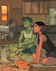 1boy 1girl beast_boy_(dc) colored_skin couple dc_comics food fruit gabriel_picolo green_hair green_skin happy highres hot pointy_ears purple_hair raven_(dc) smile sweat teen_titans ventilation_fan watermelon