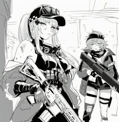 2girls assault_rifle bandana baseball_cap blush_stickers breasts closed_mouth cross_hair_ornament dirt feet_out_of_frame g11_(girls&#039;_frontline) girls&#039;_frontline girls&#039;_frontline_2:_exilium greyscale gun h&amp;k_hk416 hair_ornament hashtag-only_commentary hat hk416_(girls&#039;_frontline) holding holding_gun holding_weapon jacket klukai_(girls&#039;_frontline_2) korose163 long_hair looking_at_viewer mechty_(girls&#039;_frontline_2) monochrome multiple_girls parted_lips ponytail rifle short_hair sidelocks sleepy tattoo teardrop_facial_mark teardrop_tattoo weapon