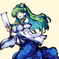 1girl absurdres bare_shoulders breasts detached_sleeves frog_hair_ornament gohei green_eyes green_hair hair_ornament hair_tubes highres holding holding_gohei kochiya_sanae large_breasts long_hair looking_at_viewer open_mouth pioartstuff simple_background skirt snake snake_hair_ornament solo tokiame_(style) touhou wide_sleeves yellow_background