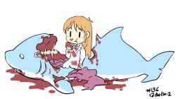 &gt;_&lt; 10s 1girl 2012 :t animated animated_gif blood blood_on_clothes blood_on_face bone chewing child closed_eyes dated dead_animal death eating entrails female_focus guro junkpuyo lab_coat long_hair nichijou orange_hair organs professor_shinonome shark simple_background solo spine white_background |_|