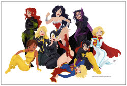 6+girls barbara_gordon batgirl belt black_canary black_hair blonde_hair blue_eyes bodysuit boots brown_eyes cape catwoman crossed_arms dark-skinned_female dark_skin dc_comics fingerless_gloves gloves goggles green_eyes helena_bertinelli huntress_(dc) kryptonian leotard mari_jiwe_mccabe mask multiple_girls orange_hair poison_ivy power_girl red_cape red_footwear red_hair selina_kyle shoes supergirl vambraces vixen_(dc) wonder_woman yellow_gloves