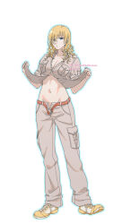 1girl belt blonde_hair blue_eyes breast_pocket breasts brown_pants brown_shirt cleavage dated drill_hair full_body hair_over_one_eye highres large_breasts lifting_own_clothes long_hair looking_at_viewer okaokaokaoooo open_belt open_pants orange_belt oriana_thomason pants partially_unbuttoned pocket shirt solo toaru_majutsu_no_index twitter_username white_background