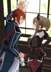 1boy 1girl apron arm_up blue_eyes blue_jacket blush breasts brown_dress brown_hair cleaning cleaning_windows closed_mouth commentary_request dress gloves green_eyes holding holding_gloves holding_unworn_clothes indoors jacket komegura large_breasts long_hair long_sleeves looking_at_another luke_fon_fabre maid maid_apron official_alternate_costume puffy_sleeves red_hair short_hair sidelocks single_glove tales_of_(series) tales_of_the_abyss tear_grants tear_grants_(proud_maid) unworn_gloves watermark white_gloves window