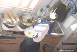 1girl animal_ears black_eyes black_hair black_sailor_collar black_skirt blue_archive bowl cat_ears cat_girl cat_tail closed_mouth cooking highres holding holding_bowl holding_ladle hukahire0120 indoors kikyou_(blue_archive) kitchen ladle long_sleeves looking_at_viewer medium_hair miso_soup pleated_skirt portable_stove refrigerator sailor_collar school_uniform serafuku shirt skirt solo stove tail white_shirt