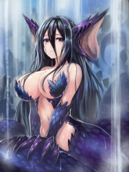 1girl animal_hands bare_shoulders black_hair blue_eyes breasts closed_mouth edobox fins hair_between_eyes hair_over_breasts head_fins lamia large_breasts long_hair looking_at_viewer monster_girl navel original rain scales solo