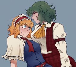 2girls alice_margatroid ascot blonde_hair blue_eyes breasts capelet dress green_hair hairband highres kazami_yuuka large_breasts medium_breasts multiple_girls otaeriaaoba plaid_clothes plaid_skirt plaid_vest short_hair skirt touhou vest yellow_ascot yuri