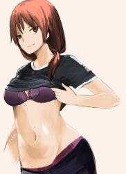 Rule 34 | 1girl, absurdres, aho girl, bra, brown eyes, brown hair, clothes lift, field, fitz (fita is the smartest), flower, flower field, hanabatake yoshie, highres, lifting own clothes, looking at viewer, midriff, purple bra, shirt lift, solo, underwear