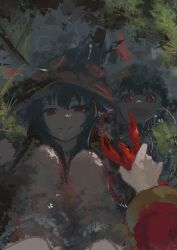 2girls absurdres closed_mouth commentary dress hat highres komekko kono_subarashii_sekai_ni_shukufuku_wo! koukouya lobster long_hair long_sleeves looking_at_viewer megumin multiple_girls open_mouth red_dress red_eyes reflection smile squatting water witch_hat
