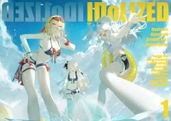 3girls :d :p ;d absurdres alternate_breast_size artbook bikini blonde_hair blue_bikini blue_eyes blue_hair blue_shorts blue_sky bow braid braided_bangs breasts cleavage closed_eyes color-coded colored_tips commentary cone_hair_bun cover double-parted_bangs double_bun english_commentary english_text eyewear_on_head feet_out_of_frame front-tie_bikini_top front-tie_top hair_bow hair_bun hair_ornament hairclip half_up_braid hand_on_own_hip high_ponytail highleg highleg_bikini highres holoh3roes hololive hololive_indonesia hololive_summer_2023_swimsuit kaela_kovalskia kobo_kanaeru kyoro_ina large_breasts layered_bikini long_hair looking_at_viewer medium_breasts medium_hair multicolored_hair multiple_girls nail_polish necktie ocean official_alternate_costume one_eye_closed open_mouth ponytail reaching reaching_towards_viewer red-tinted_eyewear red_bikini red_bow red_eyes red_necktie shirt shorts sky smile splashing split_ponytail striped_bikini striped_clothes sunglasses swimsuit t-shirt tinted_eyewear tongue tongue_out two-tone_hair two_side_up v v_over_mouth vestia_zeta virtual_youtuber wading waist_bow wavy_hair white_bikini white_hair white_shirt wristband